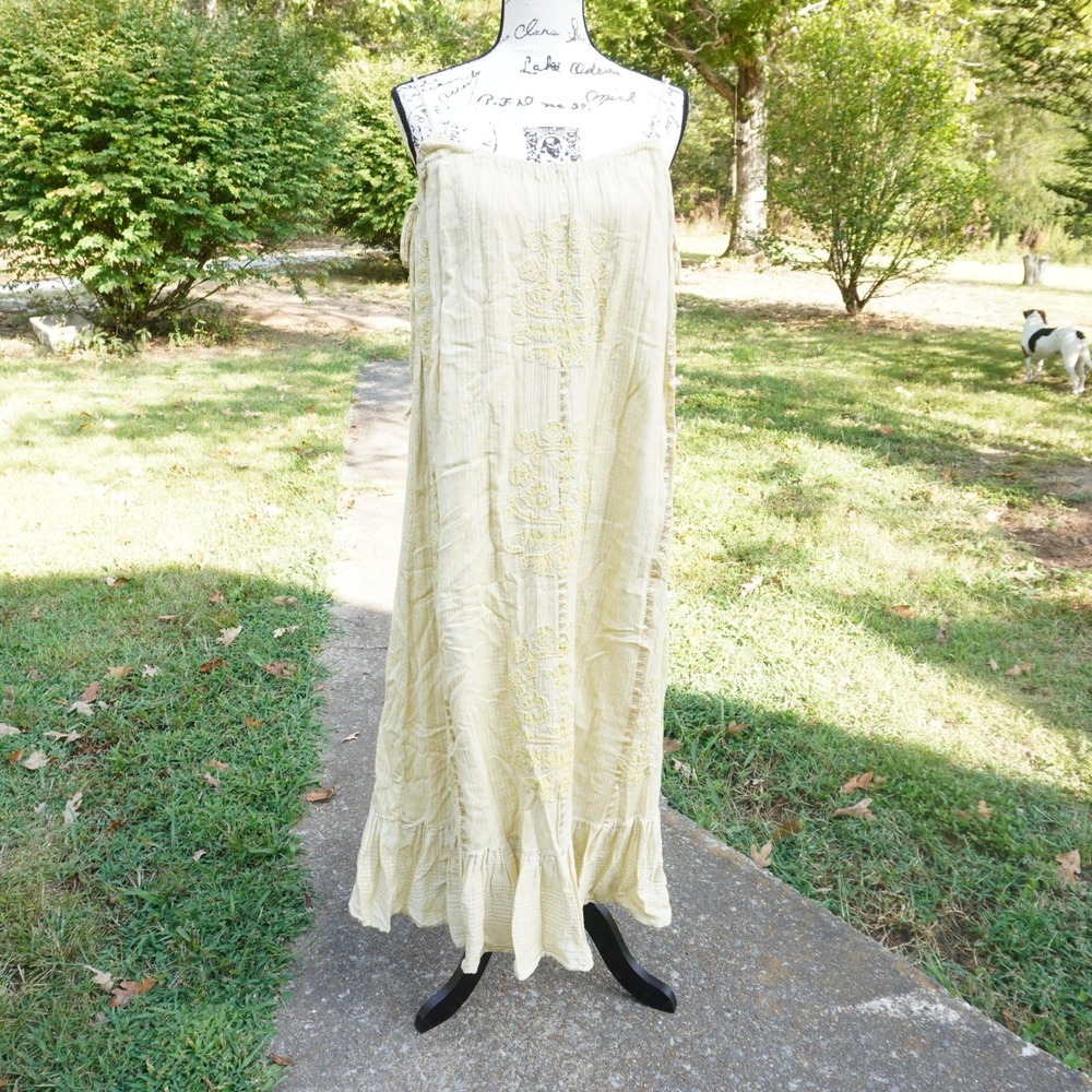 Zara Boho Embroidered Maxi Dress Peasant Festival Loose Flowy XS Yellow Oversize
